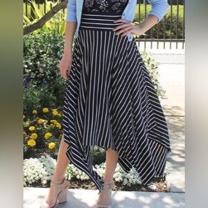 Cabi Asymmetrical Striped Twirl Skirt Navy Blue White Lined Size Medium